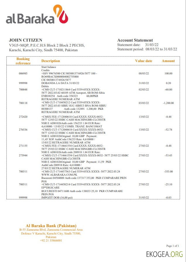 Relevé bancaire d'Al Baraka au Pakistan